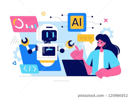 Artificial Intelligence Vector Illustration featuring a Digital Brain, Technology, and Engineering with a Programmer Analyzing Data or Scientific 120966852