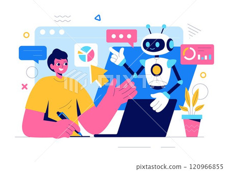 Artificial Intelligence Vector Illustration featuring a Digital Brain, Technology, and Engineering with a Programmer Analyzing Data or Scientific Artificial Intelligence Vector Illustration featuring a Digital Brain, Technology, and Engineering with a Programmer Analyzing Data or Scientific 120966855