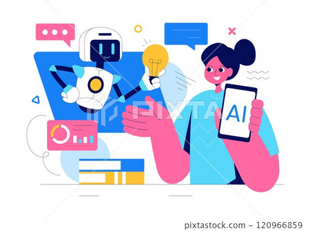 Artificial Intelligence Vector Illustration featuring a Digital Brain, Technology, and Engineering with a Programmer Analyzing Data or Scientific 120966859