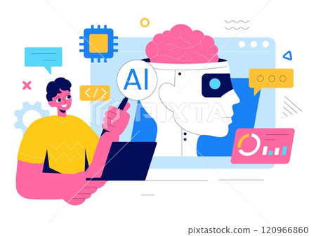 Artificial Intelligence Vector Illustration featuring a Digital Brain, Technology, and Engineering with a Programmer Analyzing Data or Scientific 120966860