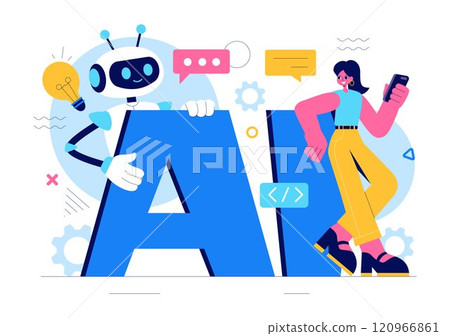 Artificial Intelligence Vector Illustration featuring a Digital Brain, Technology, and Engineering with a Programmer Analyzing Data or Scientific 120966861
