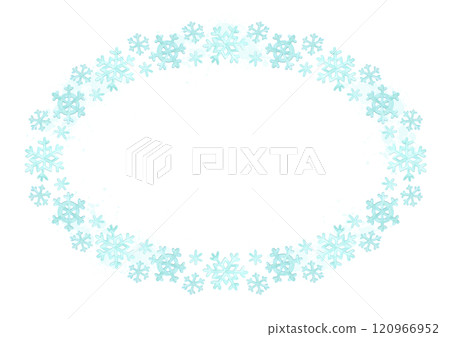 Snowflakes frame. Simple horizontal oval winter border with big and small cartoon snowflakes. Watercolor background template for cards, plates or shopping bags with empty place for text in center Snowflakes frame. Simple horizontal oval winter border with big and small cartoon snowflakes. Watercolor background template for cards, plates or shopping bags with empty place for text in center 120966952