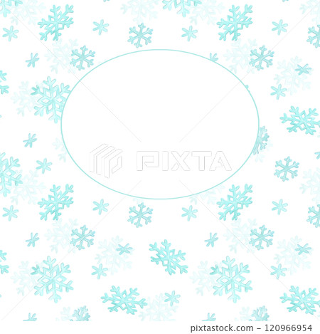 Square winter template with hand-drawn snowflakes pattern and white oval empty space for text in center. Simple watercolor background for season covers, postcards, posters and other printable designs Square winter template with hand-drawn snowflakes pattern and white oval empty space for text in center. Simple watercolor background for season covers, postcards, posters and other printable designs 120966954
