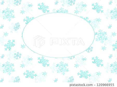 Horizontal background of snowflakes with white oval for text. Simple pattern with hand-drawn falling watercolor snowflakes shapes. Winter template for covers, postcards, posters, etc. Horizontal background of snowflakes with white oval for text. Simple pattern with hand-drawn falling watercolor snowflakes shapes. Winter template for covers, postcards, posters, etc. 120966955