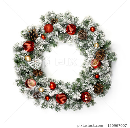 Christmas wreath from nature green spruce twig on white background. Round frame decorated with cones, red balls and snow. Mock up for card of holiday winter, New year, Celebration, sale. Christmas wreath from nature green spruce twig on white background. Round frame decorated with cones, red balls and snow. Mock up for card of holiday winter, New year, Celebration, sale. 120967007
