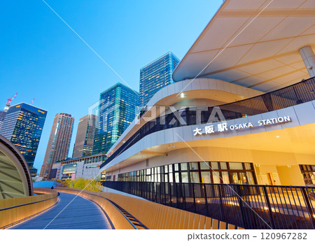 JR Osaka Station at dusk, Umekita area and skyscrapers JR Osaka Station at dusk, Umekita area and skyscrapers 120967282