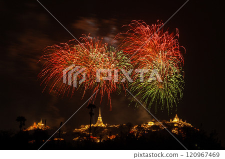 A Beautiful firework at Pha Nakhon Khiri, Phetchaburi, Thailand. 120967469