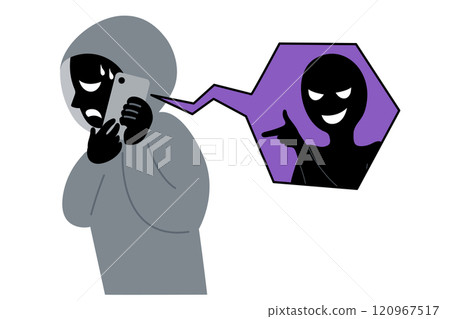 Vector illustration of a suspicious person confused by instructions from a smartphone Vector illustration of a suspicious person confused by instructions from a smartphone 120967517