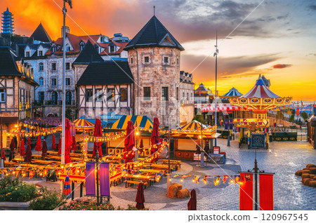 Medieval French village at Ba Na Hills Park in Da Nang in Vietnam at sunset 120967545