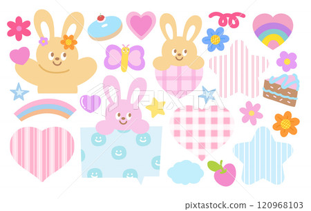 Pastel illustration of bunny, butterfly, heart, cake, donut, flower, star, rainbow for animal, pet shop, vet, zoo, souvenir shop, happy easter, cute patch, kid doll, sticker, sweet dessert, Valentine 120968103