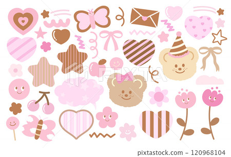 Pink and brown illustrations of teddy bear, party hat, butterfly, love letter, heart, ribbon, tulip flowers, stars, cherry for sweet dessert, Chocolate's Day, animals, zoo, souvenir shop, Valentine's 120968104