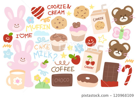 Illustrations of chocolate bar, cookie, cherry juice, candy cane, coffee, donut, cupcake, teddy bear, bunny, milk, flower for sweet dessert, grocery shopping, Chocolate's Day, snack, baking, menu Illustrations of chocolate bar, cookie, cherry juice, candy cane, coffee, donut, cupcake, teddy bear, bunny, milk, flower for sweet dessert, grocery shopping, Chocolate's Day, snack, baking, menu 120968109