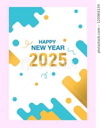 2025 Happy New Year greeting card with abstract colored rounded shapes lines. 120968134
