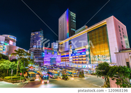 Yokohama cityscape in Japan in December. View of illuminated Yokohama Station and the large rooftops on December 8th 120968196