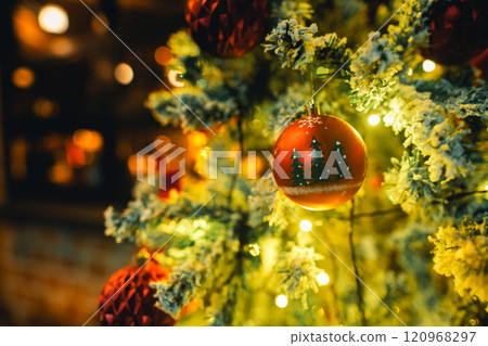 Christmas tree and lights at the coffee shop at night Christmas tree and lights at the coffee shop at night 120968297