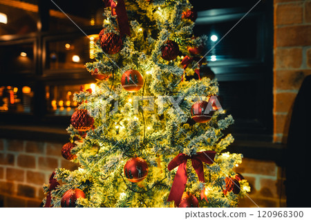 Christmas tree and lights at the coffee shop at night 120968300