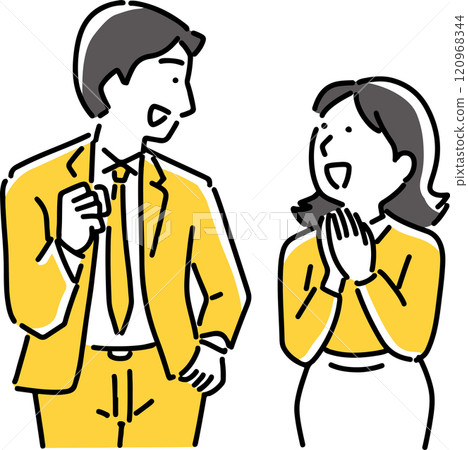 Male and female employees having a conversation with a smile 120968344