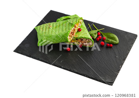 Healthy food, fresh pita roll with chicken and vegetables on a white background 120968381