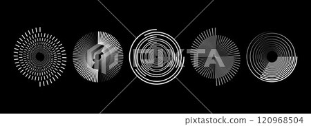 White radial spiral pattern set. Circular spinning speed line form collection. Rotating circle sound wave concept. Abstract sunburst ray or beam element pack for icon, badge, logo, tag, label. Vector White radial spiral pattern set. Circular spinning speed line form collection. Rotating circle sound wave concept. Abstract sunburst ray or beam element pack for icon, badge, logo, tag, label. Vector 120968504