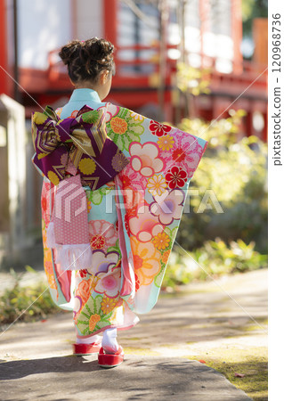 A girl in a Shichigosan kimono walking through the grounds of a shrine A girl in a Shichigosan kimono walking through the grounds of a shrine 120968736