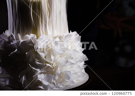 An elegant wedding cake decorated with white decorative elements An elegant wedding cake decorated with white decorative elements 120968775