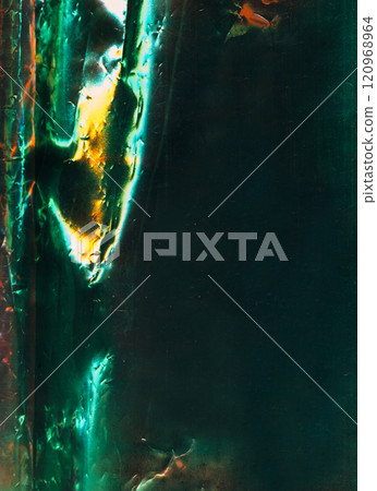 Distressed foil. Old film overlay. Green orange white color reflect light flare defect dust scratches metallic effect weathered creased surface texture dark illustration art abstract background. 120968964