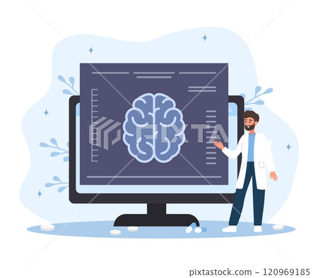 Neurologist concept. Male doctor examine MRI scan. Neurology disease diagnostics. Vector illustration in flat cartoon style Neurologist concept. Male doctor examine MRI scan. Neurology disease diagnostics. Vector illustration in flat cartoon style 120969185