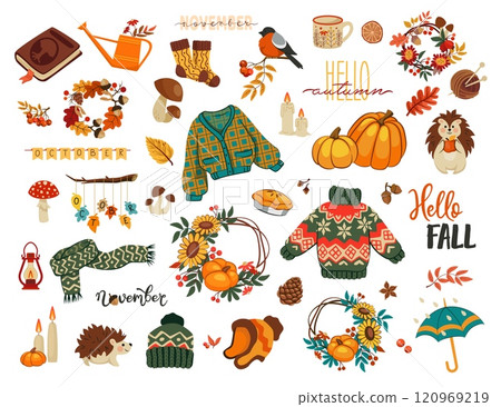 Cute autumn. Hello fall season holiday. Pumpkin October harvest Rain umbrella. November warm knitted sweater. Autumnal leaves. Hedgehog and bullfinch. Forest mushroom. Vector seasonal set 120969219
