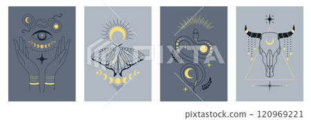 Boho posters. Mystic esoteric moon logo, alchemy symbol of abstract angel or butterfly magic witchcraft. Snake and bull scull. Tarot and notebook covers, minimal background. Vector icons Boho posters. Mystic esoteric moon logo, alchemy symbol of abstract angel or butterfly magic witchcraft. Snake and bull scull. Tarot and notebook covers, minimal background. Vector icons 120969221