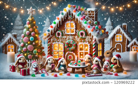 Bunny enjoying Christmas in a candy house Bunny enjoying Christmas in a candy house 120969222