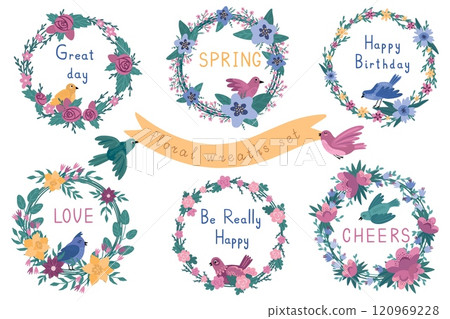 Floral border. Spring flower frame, cute birds. Summer nature congratulation, vintage cute modern pattern. Botanical elements for cards and posters. Plant logotype Invitation vector background 120969228