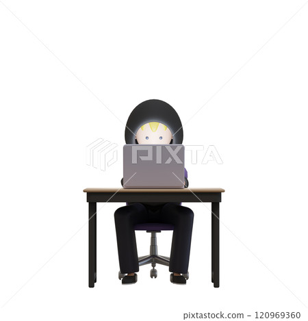 3DCG | 一個穿著連帽衫、似乎對網路很了解的男人在黑暗的房間裡一直看著電腦螢幕 120969360