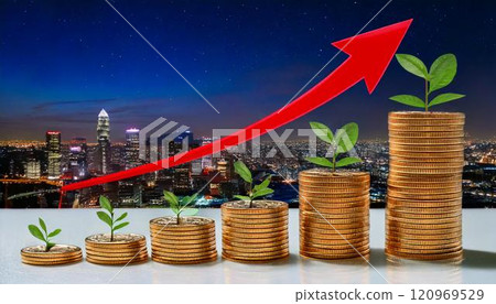代表透過投資形成資產的硬幣、植物和箭頭的插圖 120969529