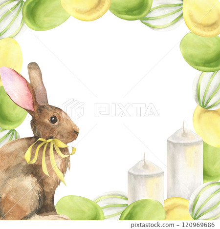 Happy Easter festive frame with brown bunny, white candles and colorful eggs watercolor template. Square banner with springtime festive elements for packing,poster,invitation design 120969686