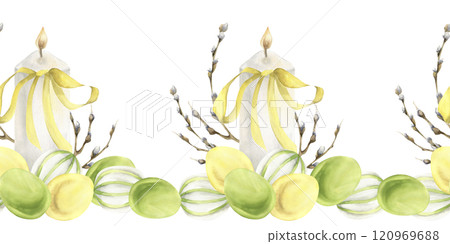 Spring Easter floral seamless border with white candles and colorful eggs decorated with willow branches watercolor illustration.Religious banner, traditional symbol for textile,fabric, packing design Spring Easter floral seamless border with white candles and colorful eggs decorated with willow branches watercolor illustration.Religious banner, traditional symbol for textile,fabric, packing design 120969688