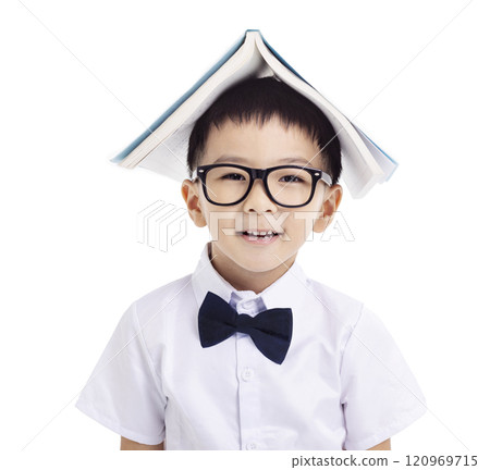 Little schoolboy with book  isolated on white background 120969715