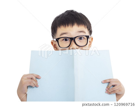 Surprised Boy holding book and Expressing Shock isolated on white 120969716