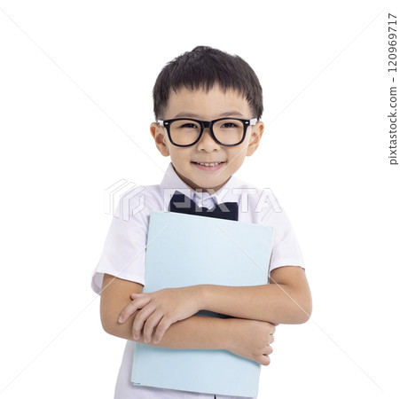 Little schoolboy with book  isolated on white background 120969717