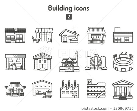 Icon collection 2 of buildings such as stores and large facilities, monochrome 120969735