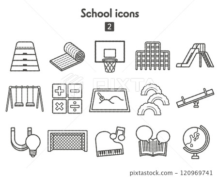 Collection of school-related icons, including playground equipment and subjects, monochrome Collection of school-related icons, including playground equipment and subjects, monochrome 120969741
