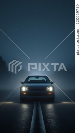 A car driving on a night road with headlights on 120969750