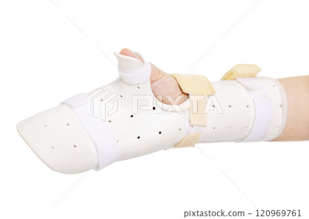 Woman hand in splint isolated on white background Woman hand in splint isolated on white background 120969761