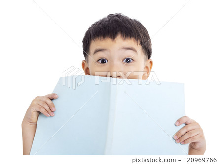 Surprised Boy holding book and Expressing Shock isolated on white Surprised Boy holding book and Expressing Shock isolated on white 120969766