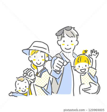 A family of four excited about going out - simple and stylish line drawing illustration 120969805