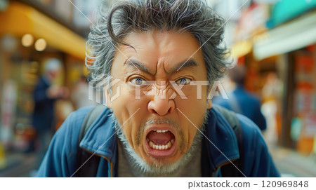 街頭一名中年男子怒氣沖沖的臉特寫 街頭一名中年男子怒氣沖沖的臉特寫 120969848