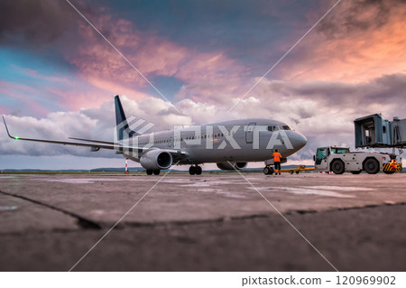 Tow tractor pushes passenger aircraft from boarding bridge Tow tractor pushes passenger aircraft from boarding bridge 120969902