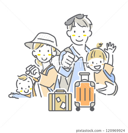 A family of four excited about traveling - simple and stylish line drawing illustration 120969924