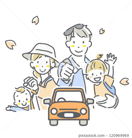一家四口對駕駛感到興奮 — 簡單時尚的線條畫插圖 120969969
