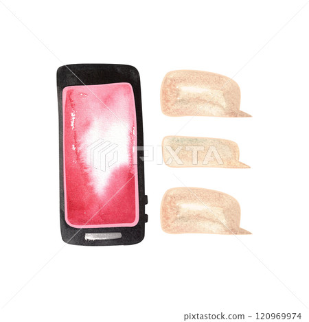 Pink smartphone with blank screen. Message bubbles. Isolated watercolor illustration for postcard, sticker, notebook, t-shirt. Pink smartphone with blank screen. Message bubbles. Isolated watercolor illustration for postcard, sticker, notebook, t-shirt. 120969974