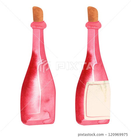 Two pink glass bottles of wine or martini. Alcohol bottle with blank label. Template. Feminine, girlish drink. Isolated watercolor illustration. Two pink glass bottles of wine or martini. Alcohol bottle with blank label. Template. Feminine, girlish drink. Isolated watercolor illustration. 120969975